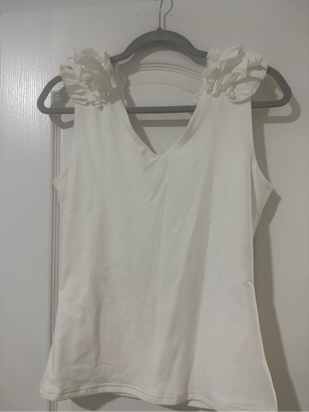 Women's White Ruffled Shoulder V-Neck Tank Top